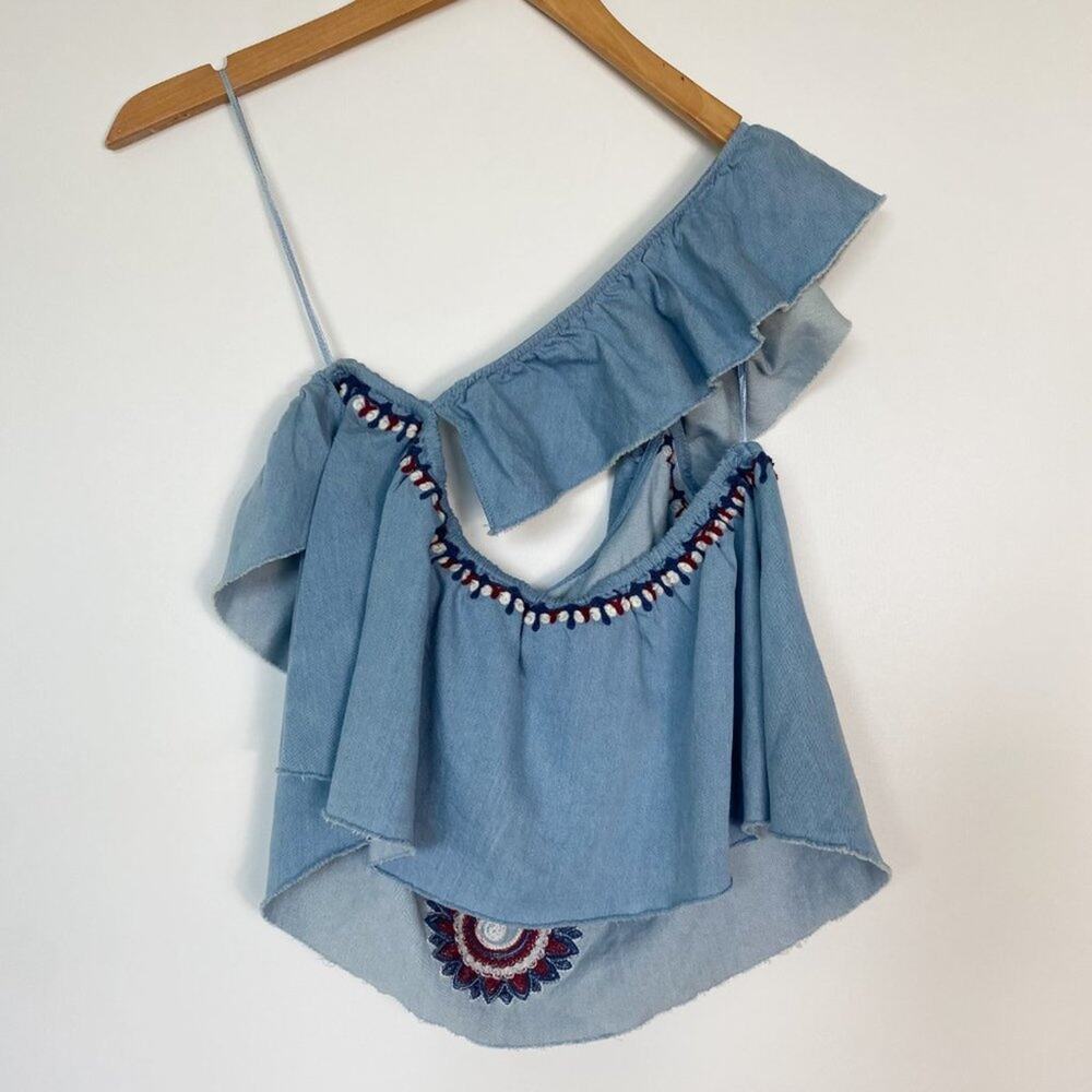 Zara Blue Asymmetrical One-Shoulder Embroidered Boho Ruffled Crop Top - Picture 9 of 12